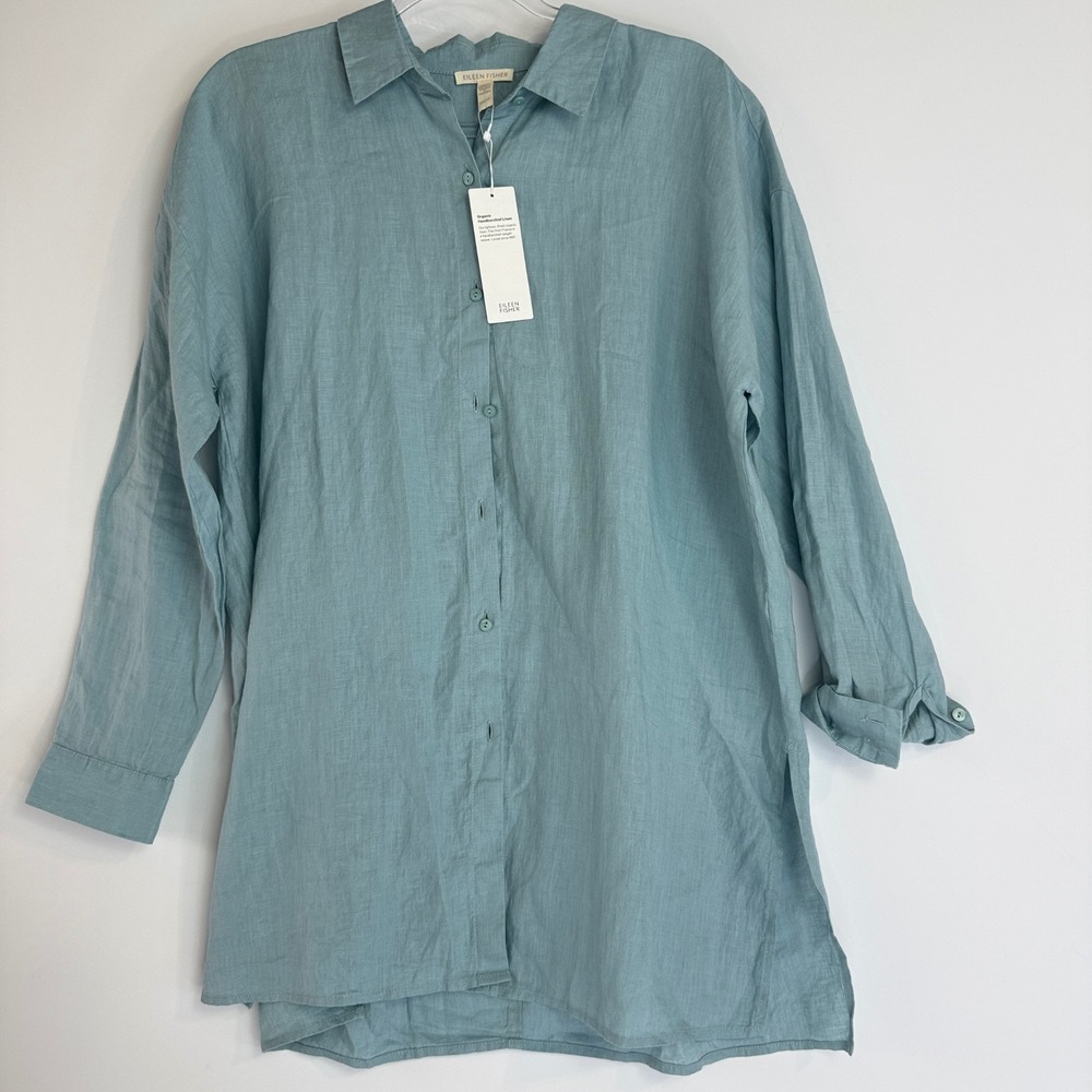 Eileen Fisher Shirt Tunic Women XXS Seafoam Organic Oversized Handkerchief Linen